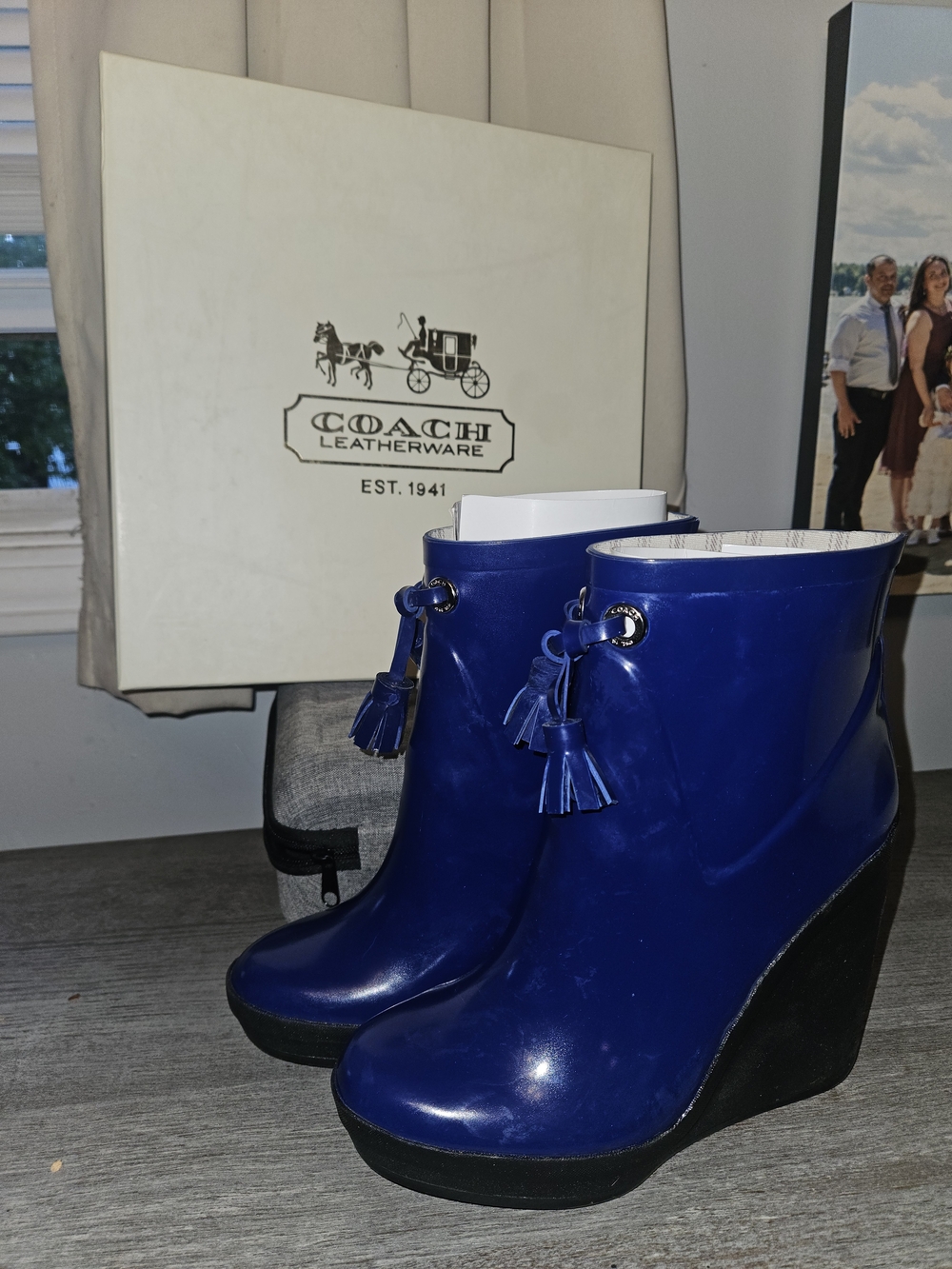 Coach Women's Blue Wedge Rain Booties with Tassel Detail